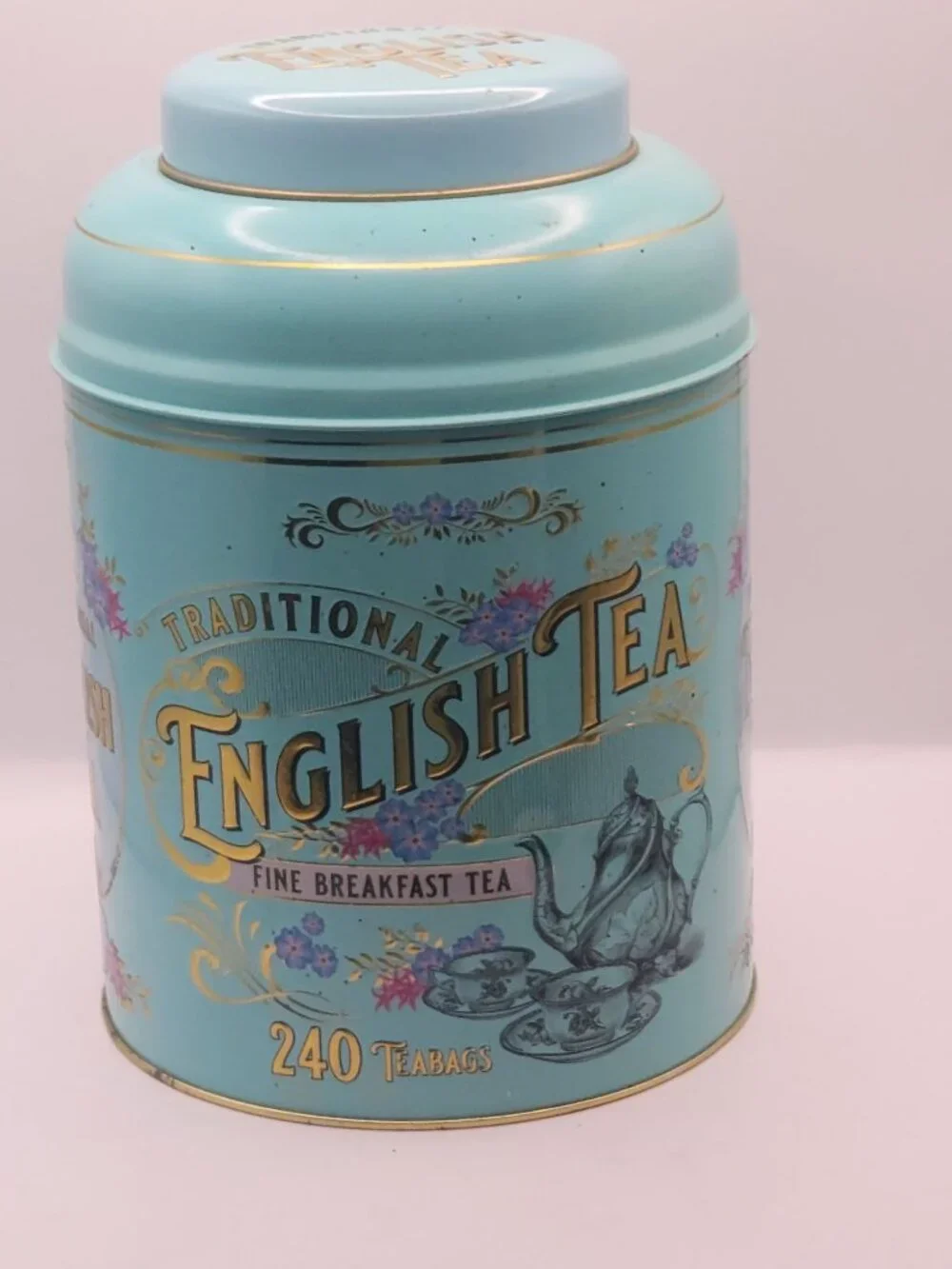 raditional English Tea Fine Breakfast Tea Tin Empty Turquoise 9.5x6.5 Canister